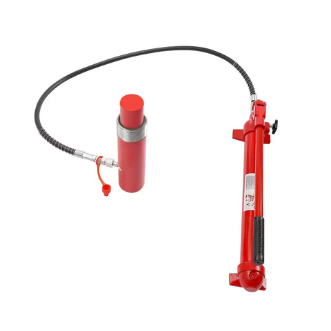 20 Ton Hydraulic Car Jack And Ram Kit For Body Frame Repair With Storage Case showing red jack and ram with hose connection