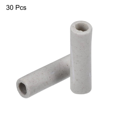 Two ceramic tube insulation spacers, hollow gray speckled ceramic, for electronics wire bundle protection, 0.2x0.3x1.2