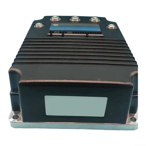 Front view of a 36V-48V 400A DC motor controller with ribbed heatsink and mounting flanges
