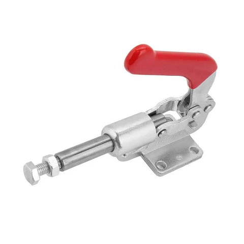 Heavy Duty Toggle Clamp Hold Down Quick Fixing Adjustable Horizontal Clamp For Woodworking Jigs And Fixtures Perfect For Welding Drill Press Crosscut Sled GH36010 with red handle and galvanized iron.