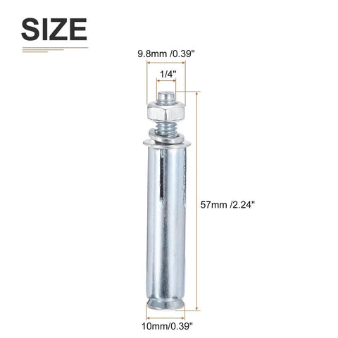 Image of a 1/4 Inch Hex Nut Sleeve Anchor, 2-1/4 Inch Length, 20 Pack for Concrete Dry Brick and Block Walls, Carbon Steel Silver Finish.
