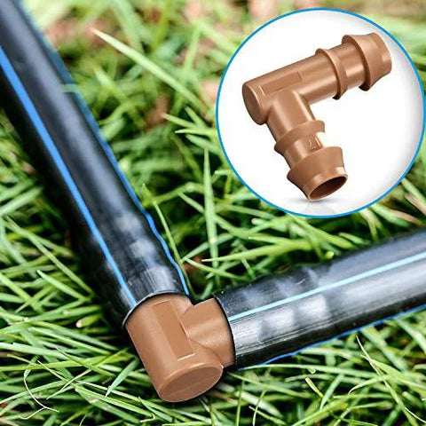 Drip irrigation fittings kit with 1/2 in brown barbed connectors, 28 pcs for drip or sprinkler systems.
