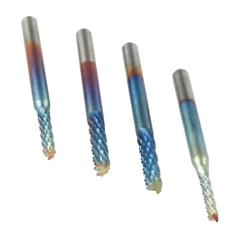 Ten Piece Nano Blue Coat End Mill CNC Router Bits Set For PCB Mold Plastic Fiber Carbon Fiber Hard Wood With One Eighth Inch Shank And Diameters From 0.8 To 3.175mm For Precision Milling And Do It All CNC Machining, four bits display