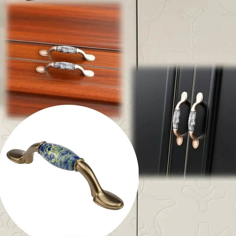 2 Pack Ceramic Cabinet Pulls With Brushed Brass Finish And Vintage Sea Wave Pattern on wooden and black cabinets