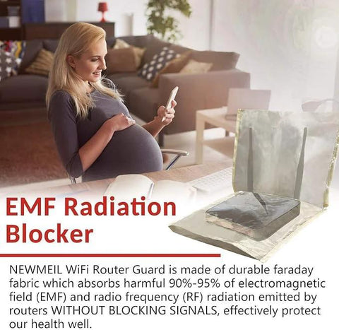 Amradield WiFi router cover on desk; gray Faraday fabric shielding for EMF radiation protection