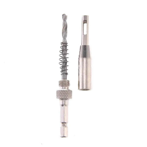 Close-up view of HSS Self Centering Hinge Tapper Core Drill Bit Set Four Piece One Quarter Inch Quick Change Hex Shank Bits for wood.