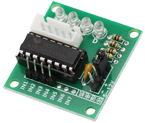 ULN2003 driver board for 28BYJ-48 5V stepper motor on green PCB with white header, resistors (front view)