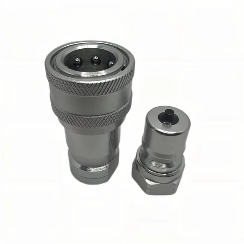 1/4 in NPT ISO7241-B hydraulic quick-connect set with dust caps; two chrome knurled couplers.