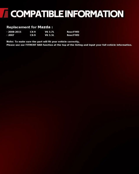 Compatibility information for Mazda 2007-2015 CX-9 V6 Rear/FWD vehicles displayed on black background.
