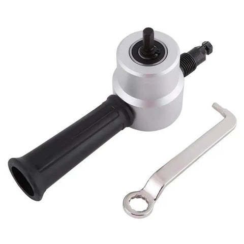Pro Grade Metal Sheet Cutter Kit With Double Head Drill Attachment showing tool with handle and wrench for versatile metalworking projects.
