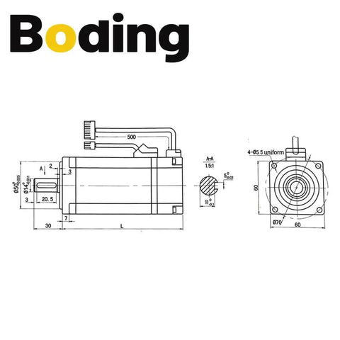 Boding 400W AC servo motor kit: front and side technical drawings with cable harness
