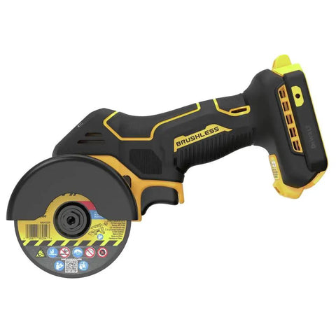 Side view of a 20V Max XR Brushless Cut Off Tool From DEWALT, Compact Bare Tool DCS438B with diamond multi material wheel, black and yellow design.