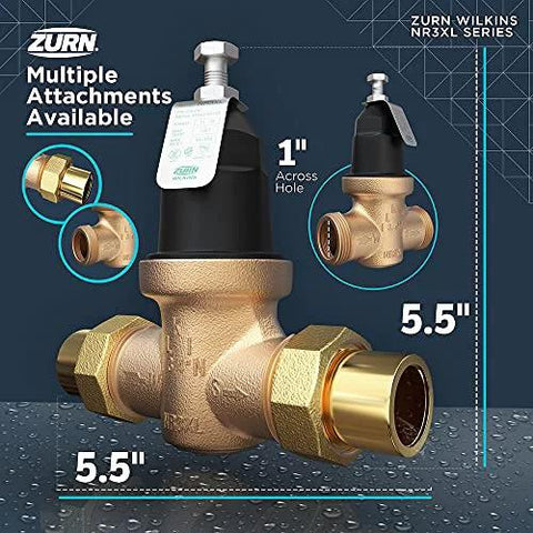 NR3XL pressure reducing valve, 1 in, copper sweat with double union FNPT connections, Zurn Wilkins
