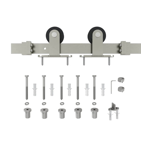 Brushed Nickel Sliding Barn Door Hardware Kit With Flat Track And Top Mounted Rollers, 6.6Ft Rail, Carbon Steel Parts