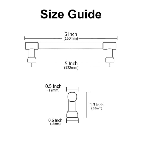 Size guide for Champagne Bronze Cabinet Pulls 5 Inch Hole Centers Zinc Alloy Square Handles showing dimensions and spacing.