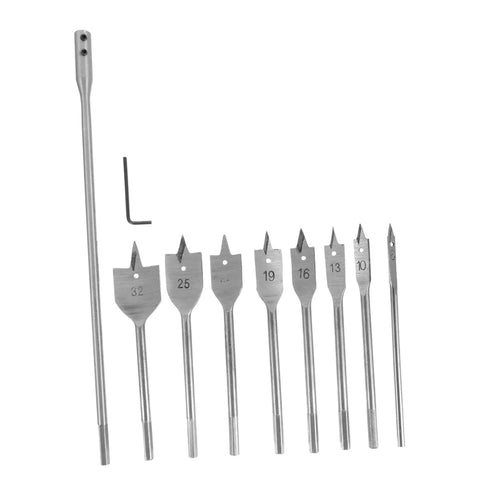 10 Piece Pro Grade Woodworking Drill Bit Set With Flat Boring Bits For Smooth Holes And Precision Panel Drilling Great For Door Hinges Drawer Installations And Hobby Woodworking DIYEAH shown from front view