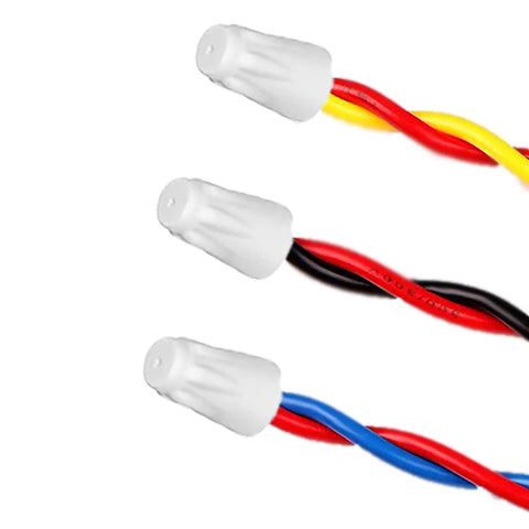 Three ceramic high-temp wire connectors with twist caps on red, yellow, blue and black wires (22-10 AWG)