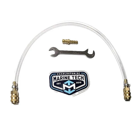 Bleed Tube For Seastar Hydraulic Steering System kit with clear hoses, wrench, fitting, and logo displayed on white background.
