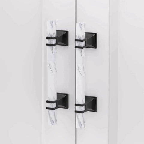 Front view of Marble Drawer Pulls and Knobs 10 Pack White Marble and Black 5 Inch Hole Center T Bar Hardware on cabinet doors