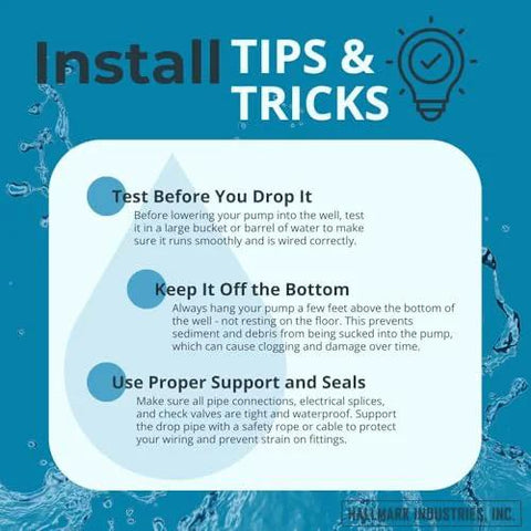 Installation tips graphic for Hallmark Industries deep-well submersible pump on a blue background.