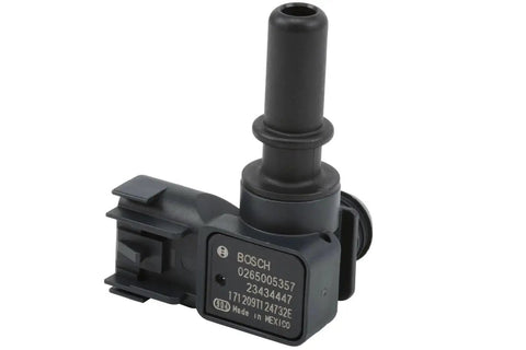 Front view of Bosch brake booster vacuum sensor, black plastic body.