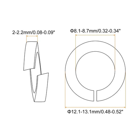 Technical diagram of Copper Split Lock Washers M8 10 Pack Spring Lock Washer Assortment with dimensions and side view.