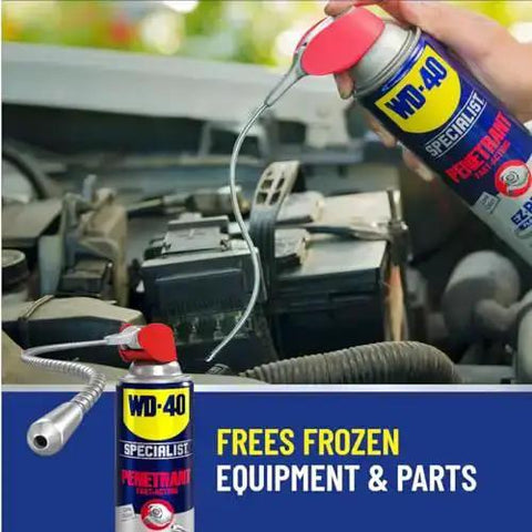 Penetrant With 8 Inch EZ Reach Flexible Straw Pulls Rusted Nuts Loose and Frees Stuck Bolts, shown used on car engine parts.