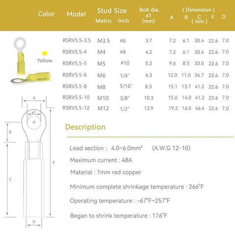 Pro Grade 50 Pc Ring Terminals One Half Inch Yellow Heat Shrink Wire Connector Kit For 12 To 10 AWG M12 specifications chart