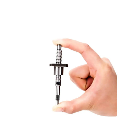 Hand holding 8mm Stainless Steel Ball Screw SFK0802 with Single Ball Nut for CNC Parts 100mm Size, showcasing compact design.