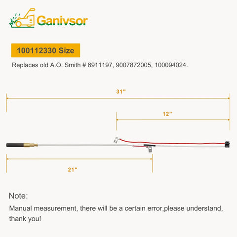 Ganivsor Minivolt thermopile 100112330 for water heater; red and white wiring harness with dual connectors