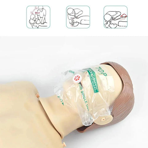Set Of 50 Portable CPR Masks With One Way Valve Breathing Barriers in Nylon Pouch on CPR manikin for emergency training.