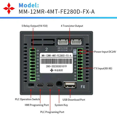 All In One PLC HMI With 2.8 Inch Touch Screen Display, Seven Input Five Relay Outputs, Four Transistor Outputs For 100KHz High Speed Pulses And Direction, FX1S Compatible, GX Works 2 Ready, displaying connection ports and labels