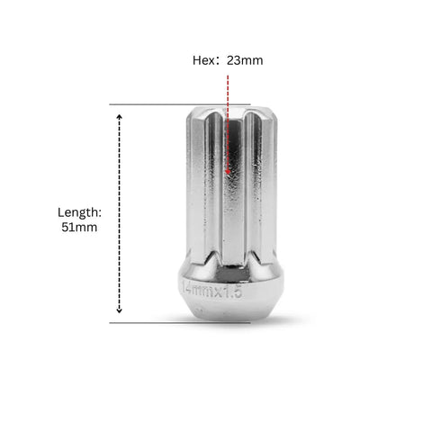 Set of 15 7 Spline Wheel Drive Lug Nuts 14x1.5 Closed End 51mm Long Chrome Finish for Car and Truck Wheels, shown with dimensions