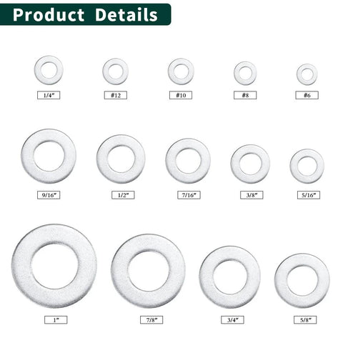 Stainless steel flat washer set, bright finish, 50-pack; assorted sizes (14 washers shown)