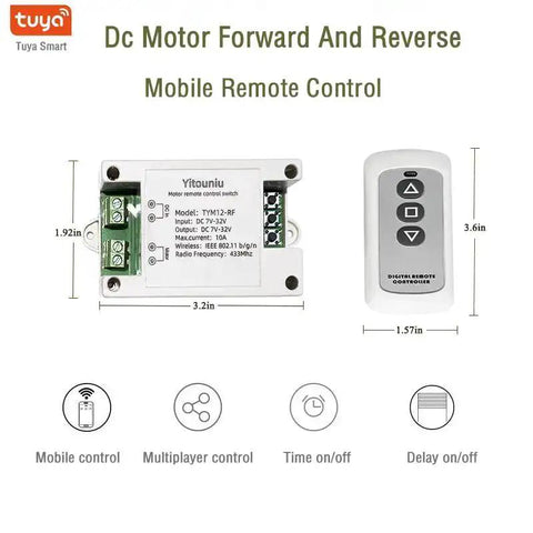 Smart WiFi And Bluetooth DC Motor Controller 10A 7 To 32V Reversible Switch with remote and control icons visible