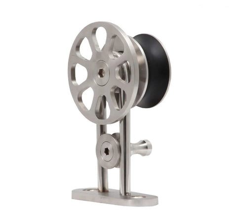Close-up of Fortune Stainless Steel Sliding Barn Door Hardware Kit 10 Ft Track Set component with satin finish and quiet rollers.