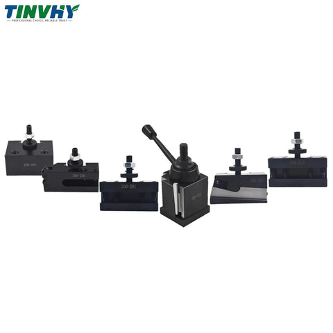 Wedge Type Quick Change Tool Post Set 250-222 For Mini Lathe And 10-15 Swing CNC Lathe Tool Holder, steel components displayed