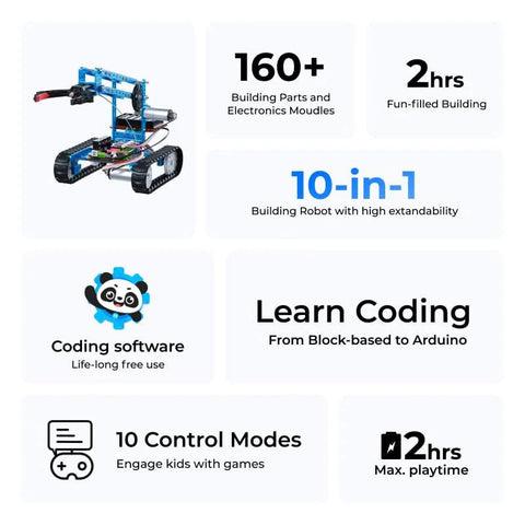 Makeblock mBot Ultimate 10-in-1 robot kit with blue tracked chassis and robotic arm