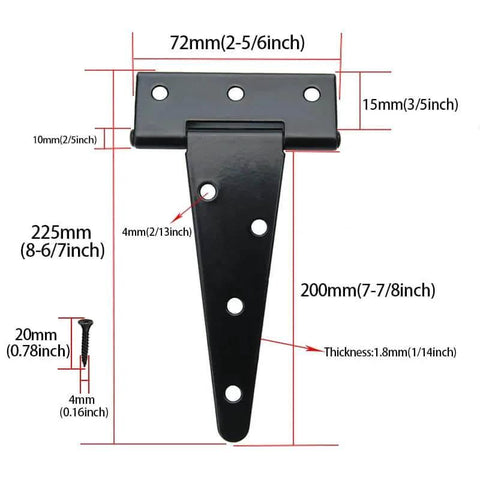 Diagram of 8 Inch T Strap Hinges showing dimensions, ideal for shed doors, gates, and barn doors. Heavy duty, galvanized rustproof iron.