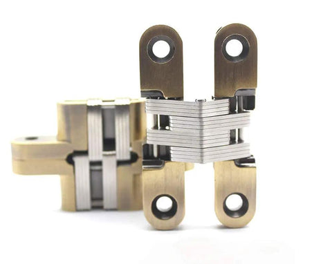 Front view of 2 Pack Concealed Hidden Mortise Door Hinges in stainless steel with screws, ideal for folding doors in hotels and wooden doors.