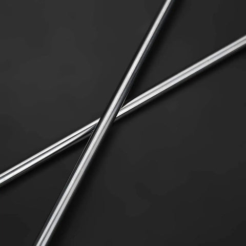 8mm By 300mm Linear Motion Rod Guide Set with four SCS8UU bearings and four SK8 aluminum rail supports, stainless steel rods on black background