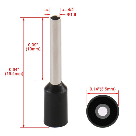 Pro Grade Copper Crimp Connector Insulated Ferrule Pin End Terminal For AWG 16 1.5mm2 Black, side view with dimensions visible