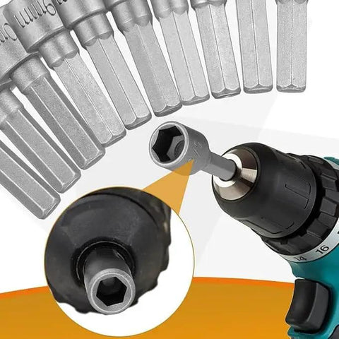 Close-up of drill with hex driver bit from 14 Piece Power Nuts Driver Drill Bit Set With Metric Sockets And Wrenches, One Quarter Inch Hex Driver Bits And Hex Keys, Heavy Duty Steel With ABS Construction, Rust Resistant, Built For Quick Changes And Real World DIY Projects.