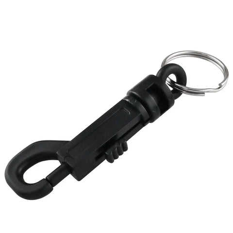 Close-up view of a black plastic clasp swivel snap keychain clip with 360-degree rotation and keyring. Part of Eight Pack Plastic Clasp Swivel Snap Keychain Clips With 360 Degree Rotation.
