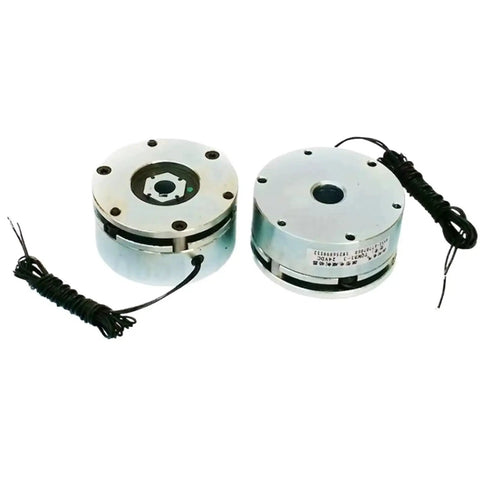 Two round silver micro electromagnetic holding brakes with mounting holes and wires