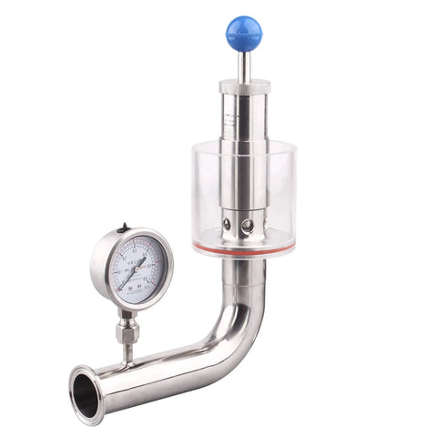 Stainless steel SS304 1.5in tri-clamp sanitary pressure relief valve with blue knob and gauge