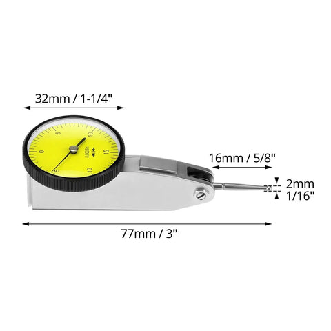 Side view of dial test indicator with narrow range for 3/8 inch and 5/32 inch dovetail clamps, 0 to 0.03 inch reading
