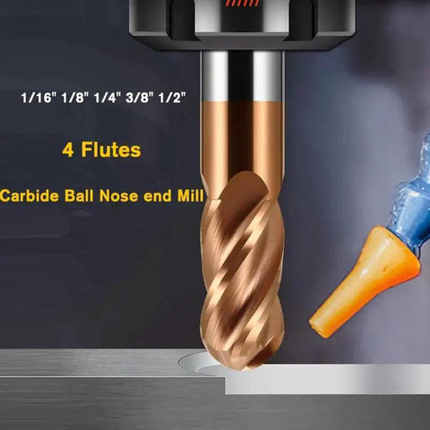 One Quarter Inch Carbide Ball Nose End Mill Bit With Four Flutes TiN Coated For Alloy Steels And Hardened Steels in use