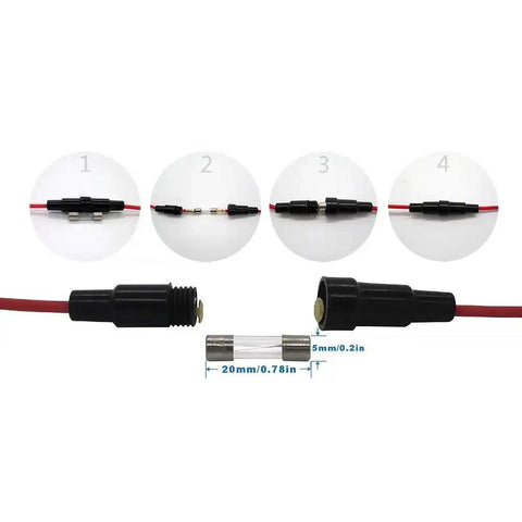 Inline Fuse Holder With 16 AWG Wire, Screw Terminal, 13A Rating, For 5x20mm Glass Fuses, Fits 5x21mm Tubes, Pack Of 10, Fuses Not Included