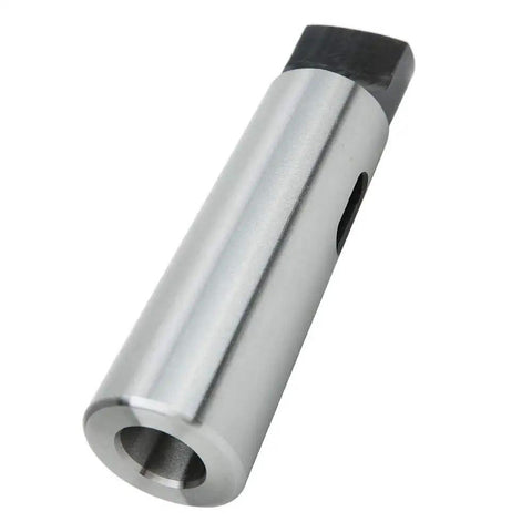 Side view: Morse taper drill sleeve adapter MT5 to MT3, silver metal cylindrical tool with side hole